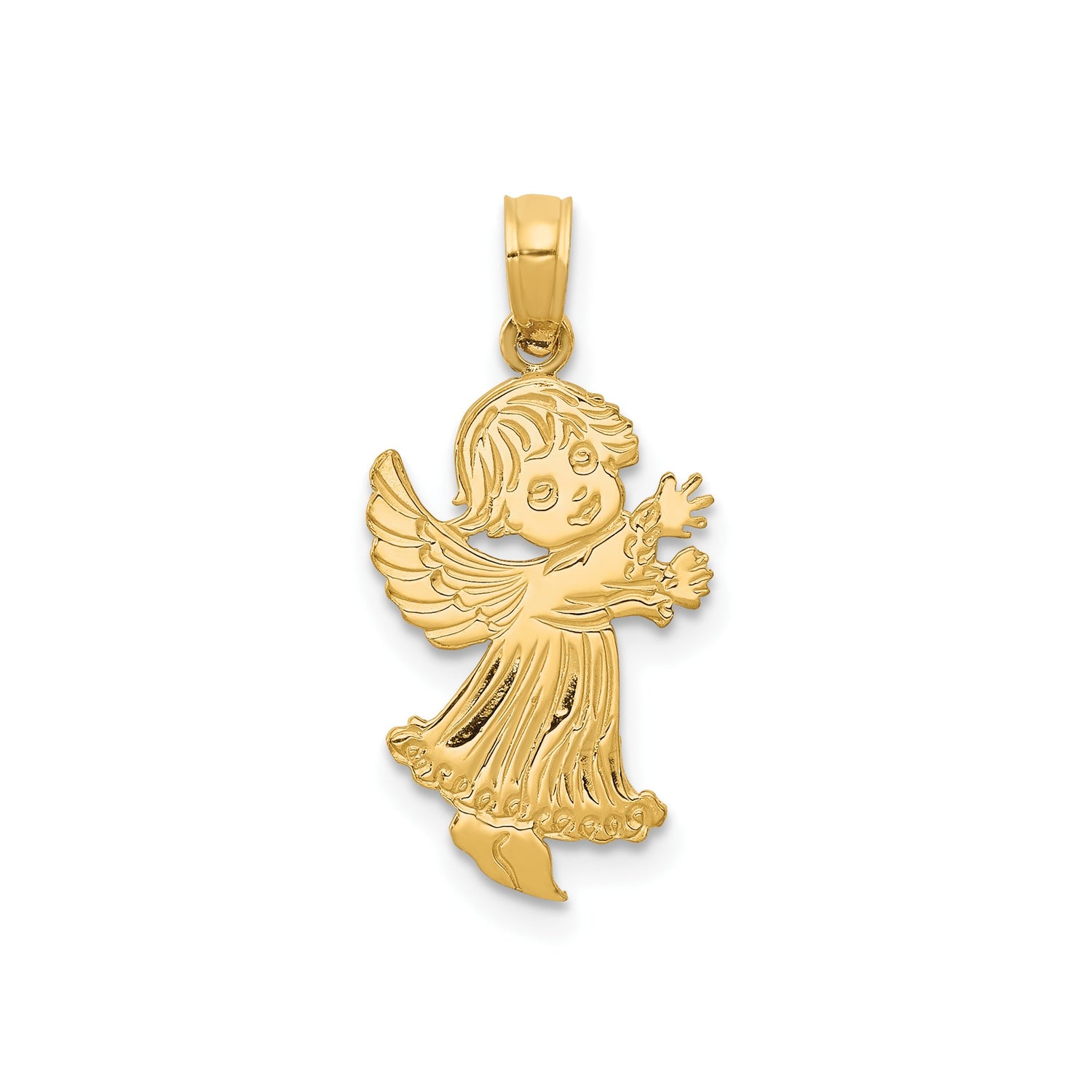 14k Yellow Gold Angel Pendant with Flowing Robe and Wings, Christian Religious Charm