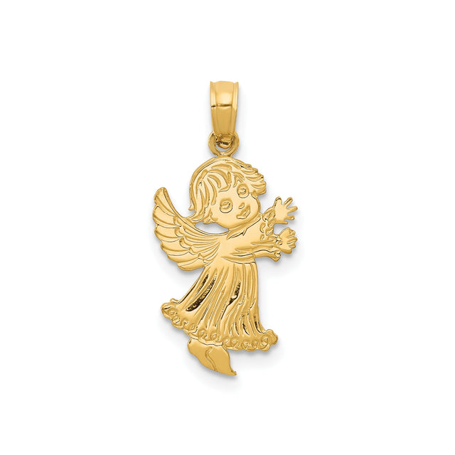14k Yellow Gold Angel Pendant with Flowing Robe and Wings, Christian Religious Charm