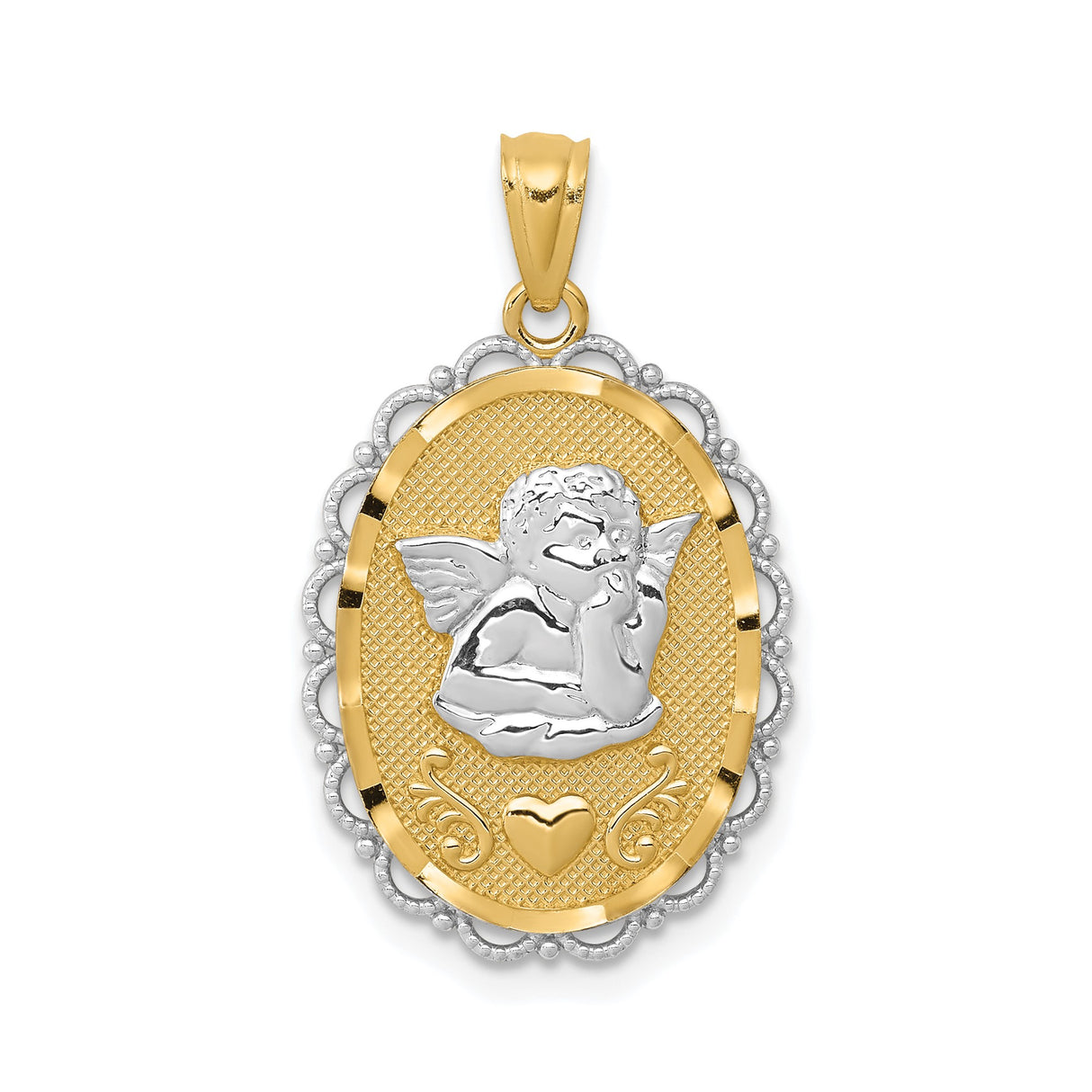 14k Two-Tone Gold Cherub Angel Pendant with Heart Accent and Rhodium Detail
