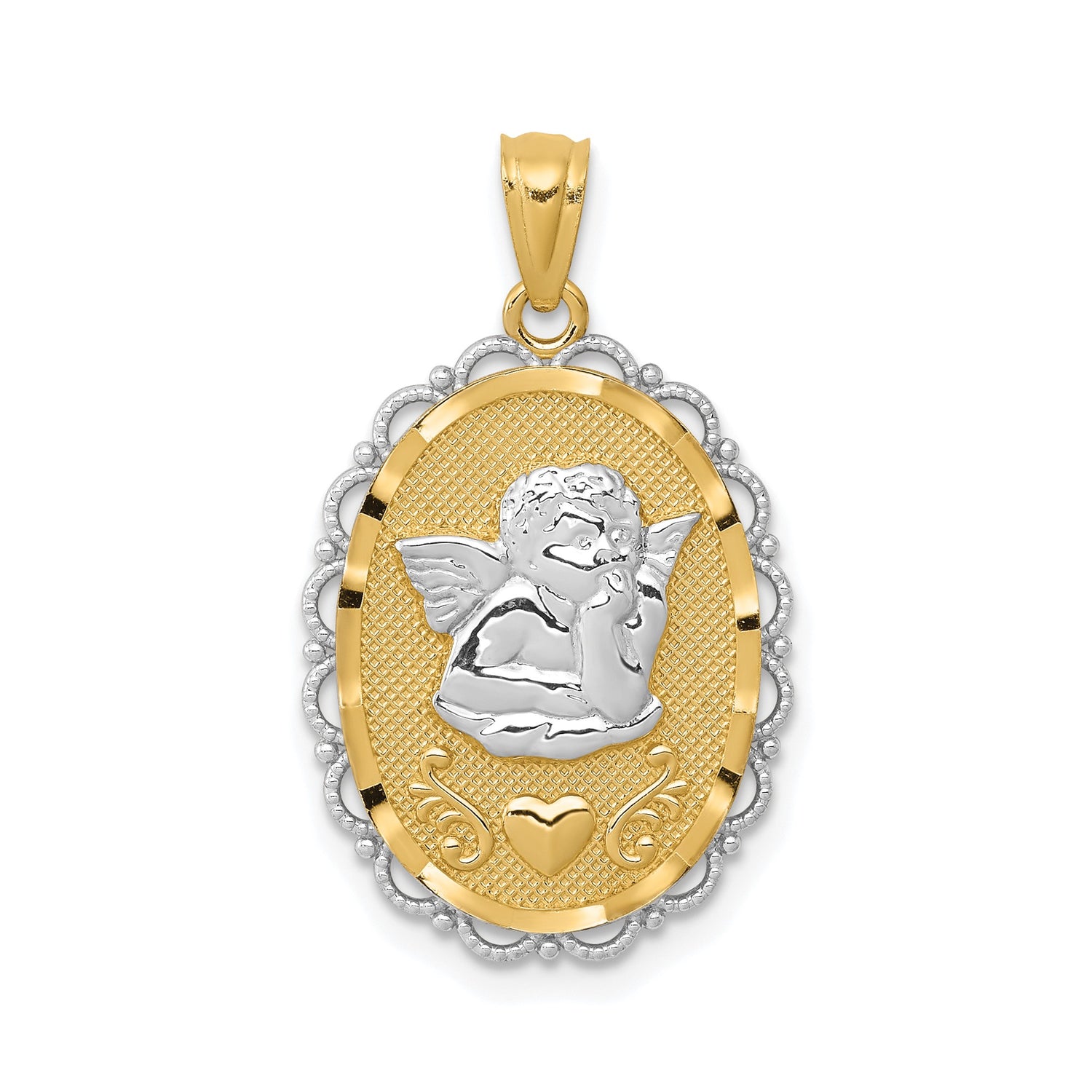 14k Two-Tone Gold Cherub Angel Pendant with Heart Accent and Rhodium Detail