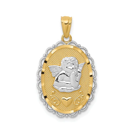 14k Two-Tone Gold Cherub Angel Pendant with Heart Accent and Rhodium Detail