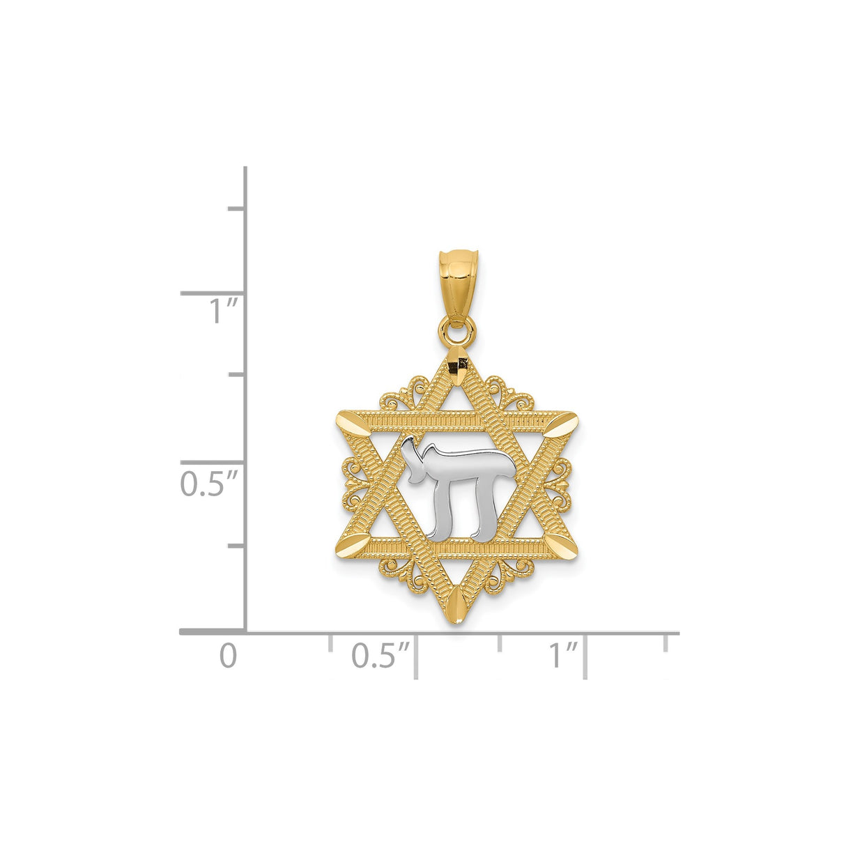 14k Multi-Tone Gold Star of David Pendant with Chai Symbol, Rhodium Accented, Jewish Charm