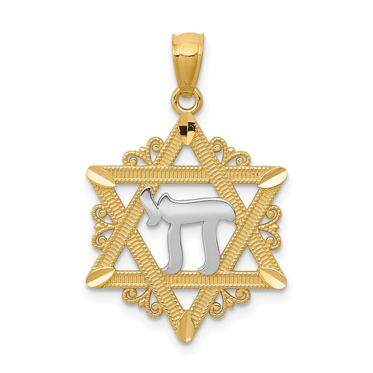 14k Multi-Tone Gold Star of David Pendant with Chai Symbol, Rhodium Accented, Jewish Charm