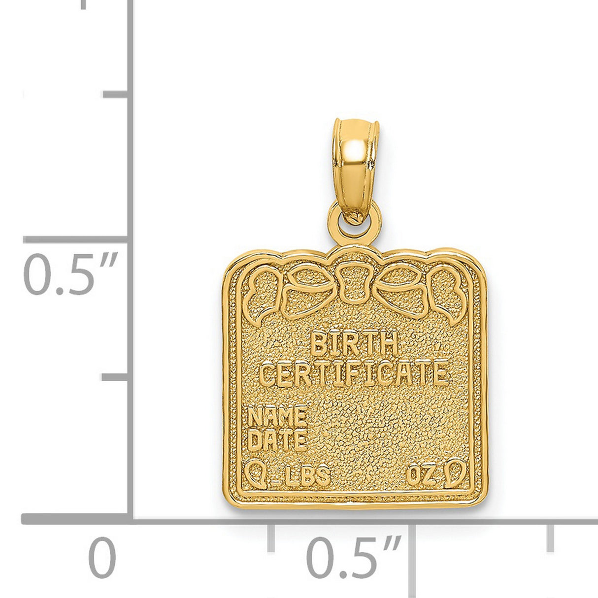 14k Yellow Gold Birth Certificate Pendant Charm with Engraving and Ribbon Detail