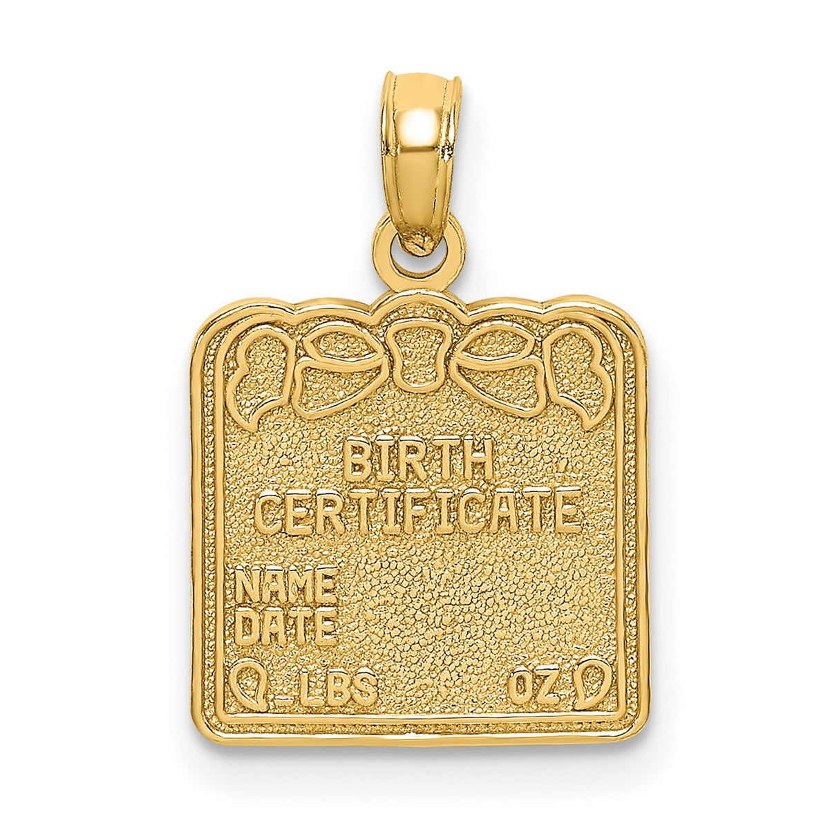 14k Yellow Gold Birth Certificate Pendant Charm with Engraving and Ribbon Detail