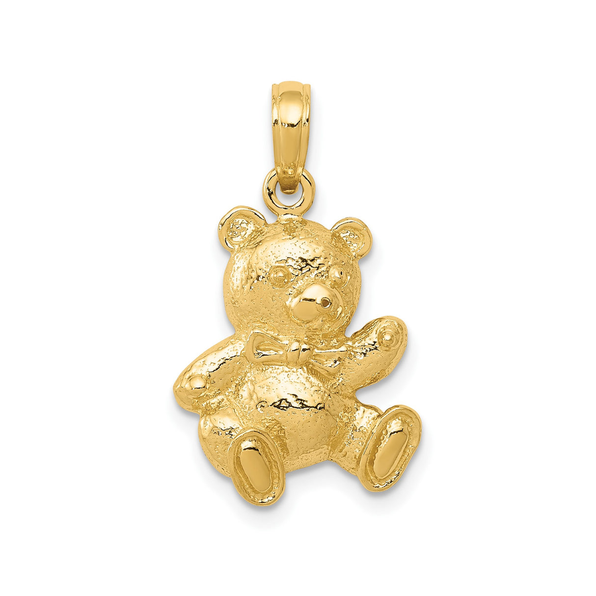 14k Yellow Gold Teddy Bear Pendant with Textured Finish and Bow Tie Charm