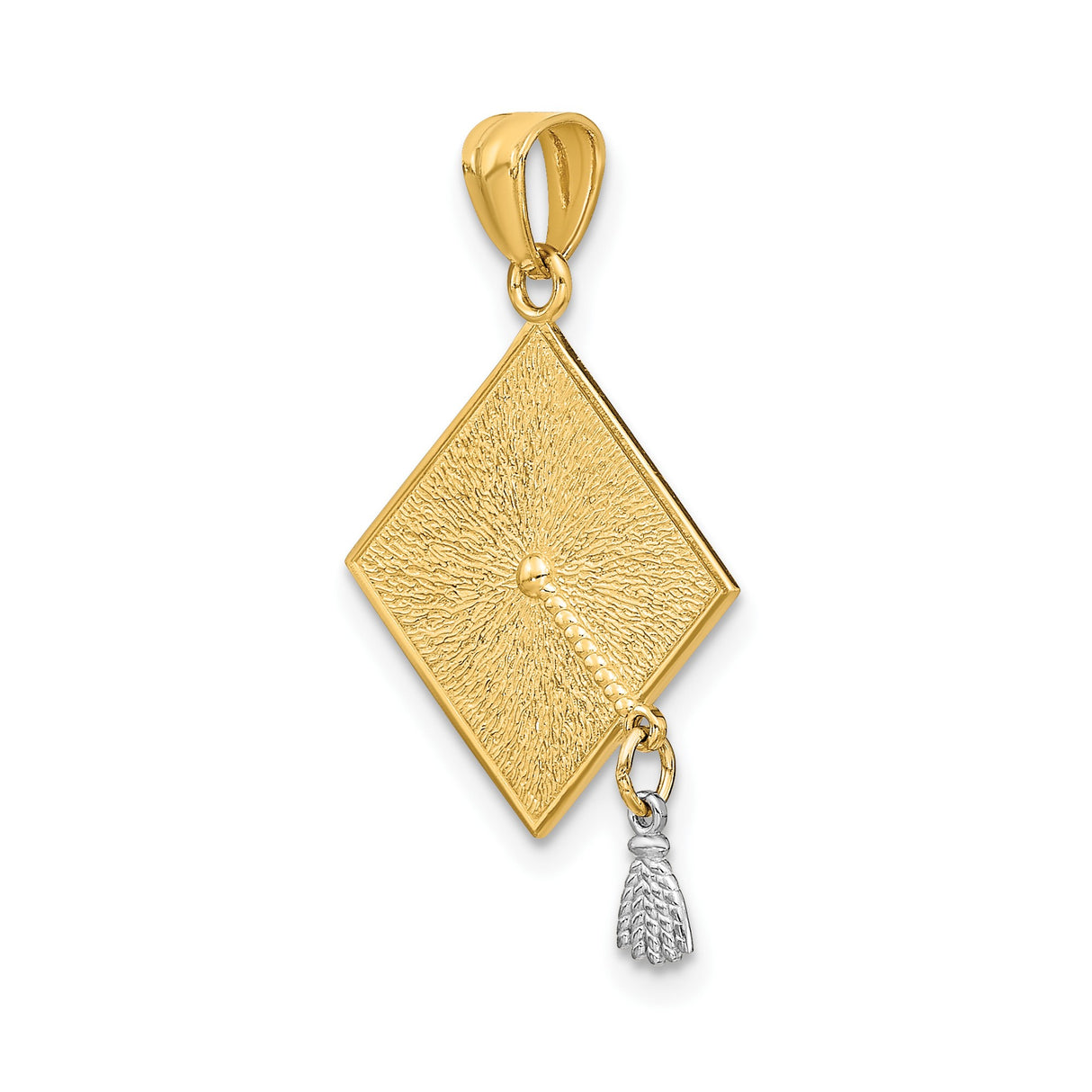 14k Yellow and Rhodium Gold Pendant, Graduation Cap with Polished Tassel, Dual Tone Academic Design