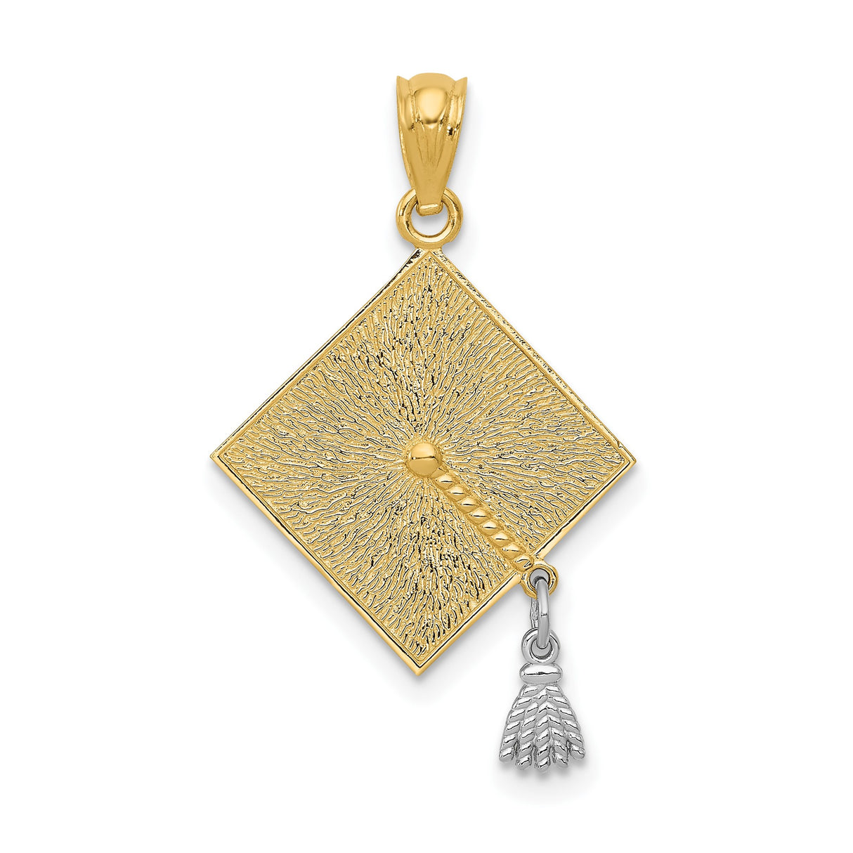 14k Yellow and Rhodium Gold Pendant, Graduation Cap with Polished Tassel, Dual Tone Academic Design