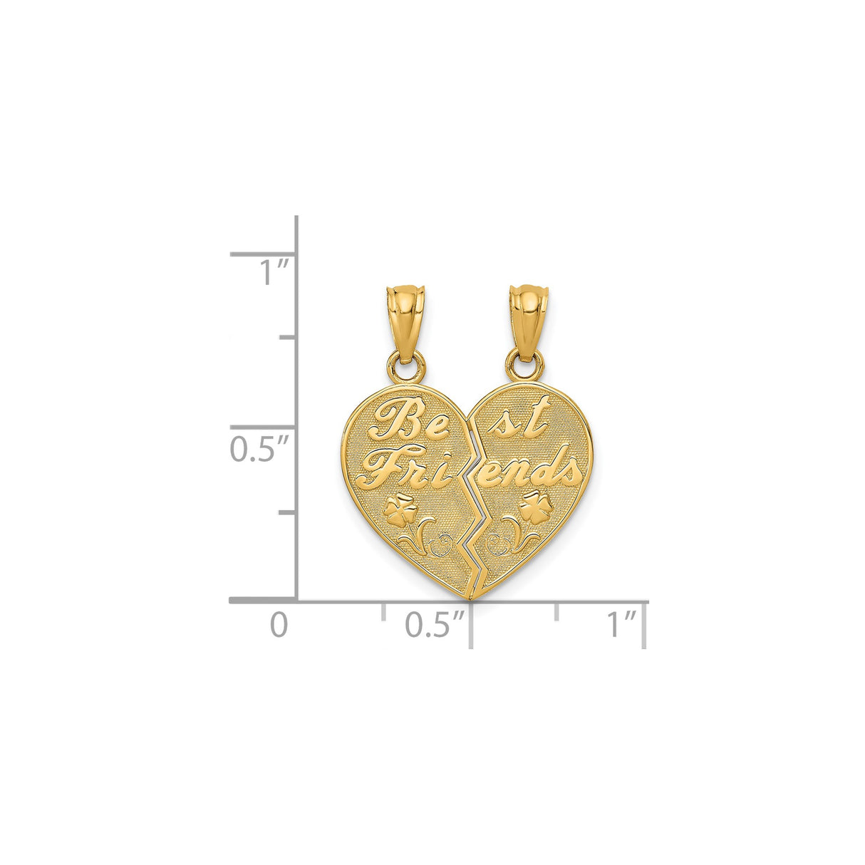 14k Yellow Gold Heart Pendant Set, Split Duo Charms with Floral Engraving and Textured Design