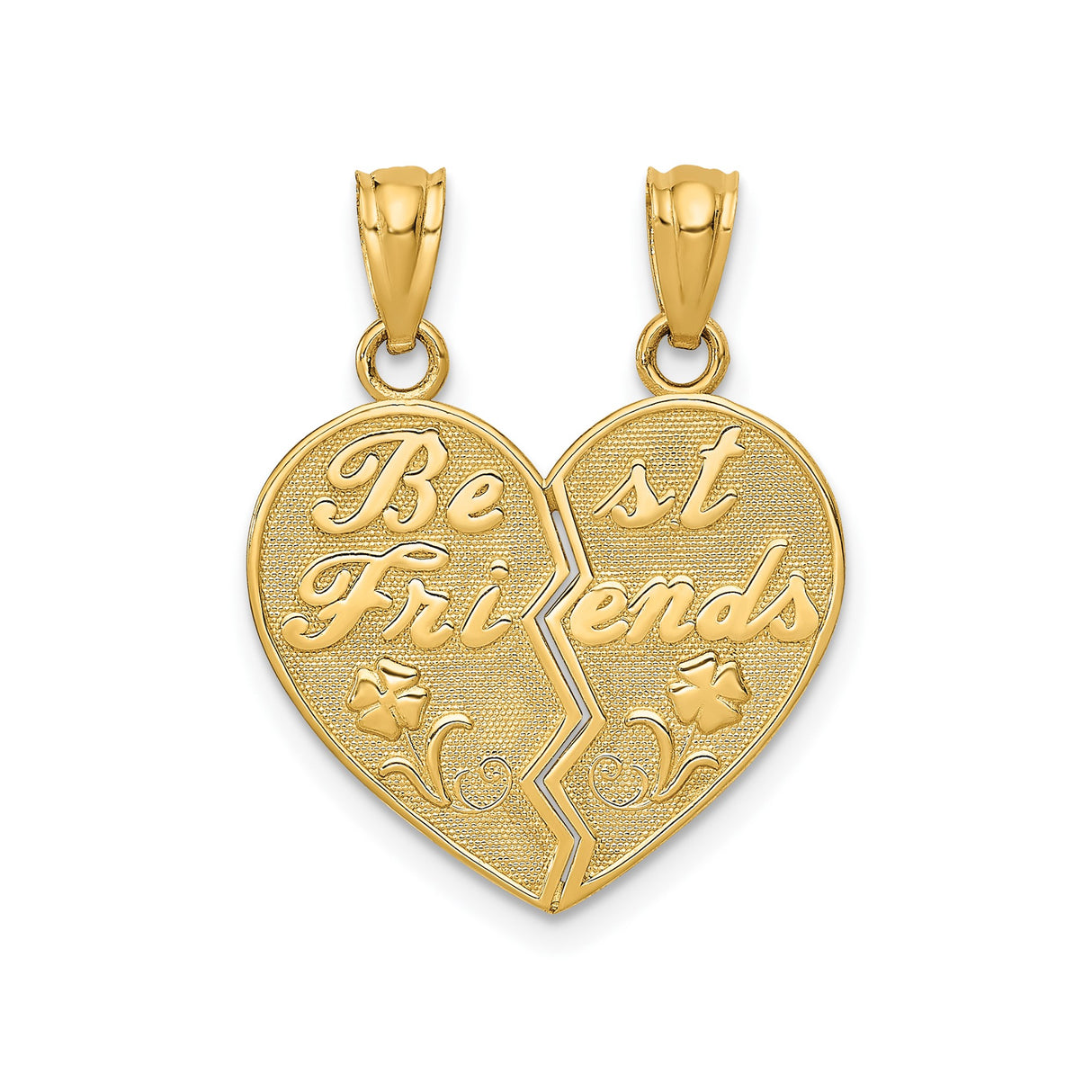14k Yellow Gold Heart Pendant Set, Split Duo Charms with Floral Engraving and Textured Design