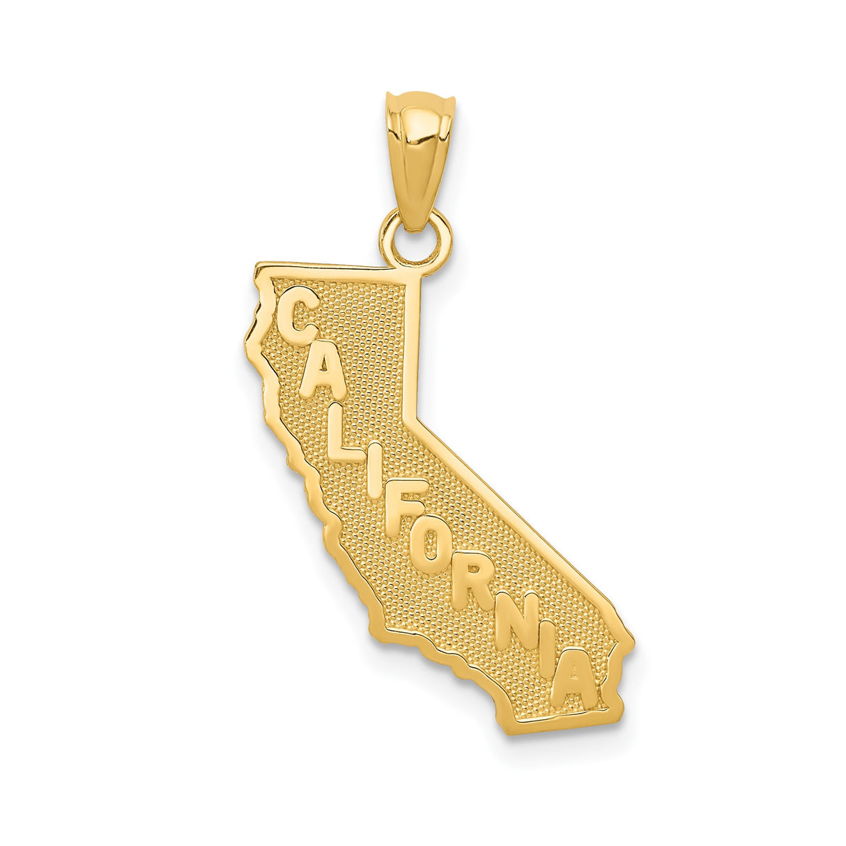 14k Yellow Gold California Map Pendant with Raised Lettering and Textured Outline Charm