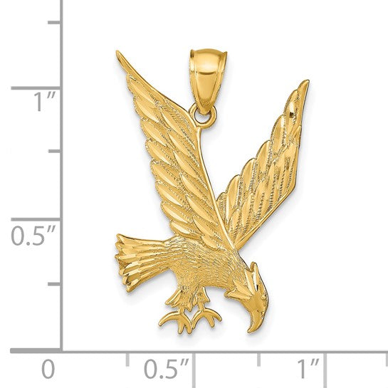 14k Yellow Gold Eagle Pendant, High Polish Detailed Mid-Flight Design, Patriotic Jewelry for Men