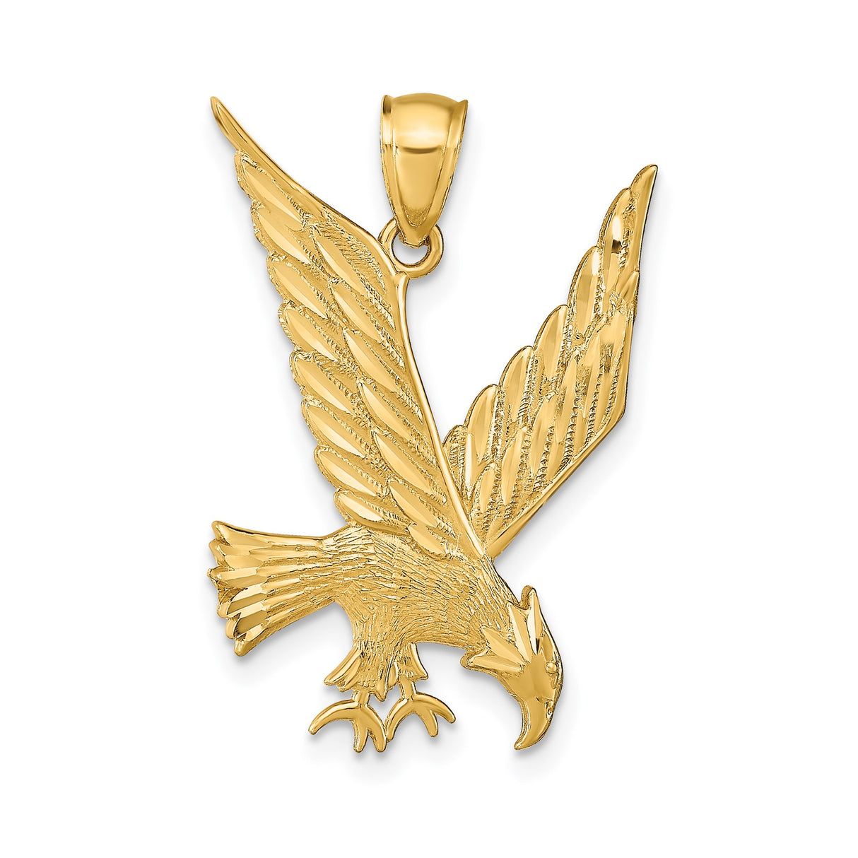 14k Yellow Gold Eagle Pendant, High Polish Detailed Mid-Flight Design, Patriotic Jewelry for Men