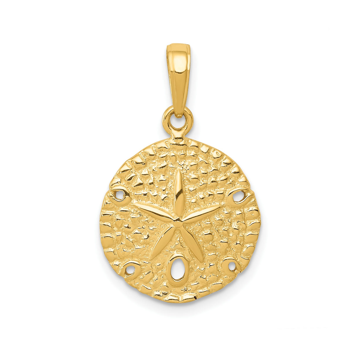14k Yellow Gold Sand Dollar Pendant with Textured Cutout Design, Nautical Ocean Theme