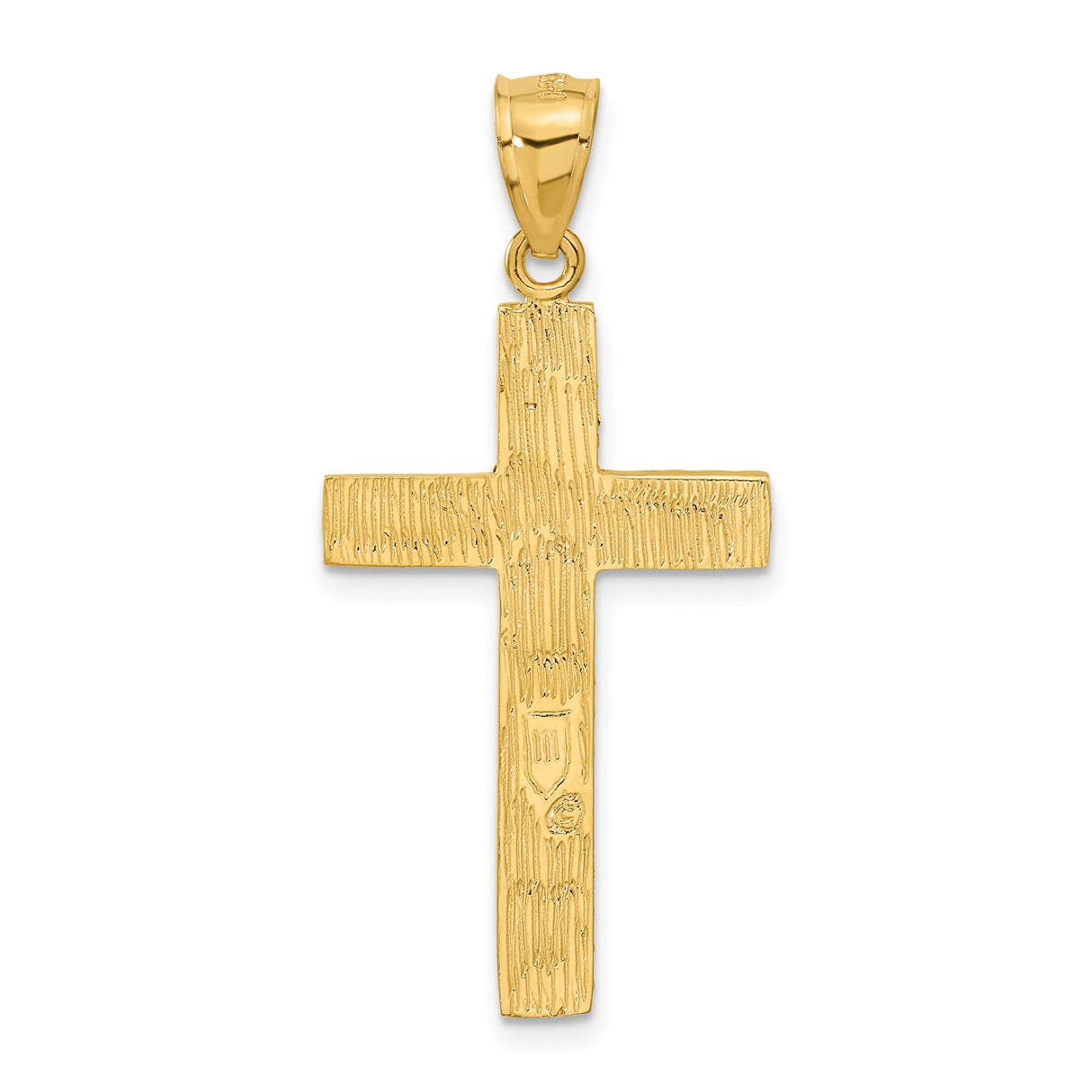 14k Yellow Gold Cross Pendant, Diamond Cut Latin Cross with Beveled Edge and Bark Texture