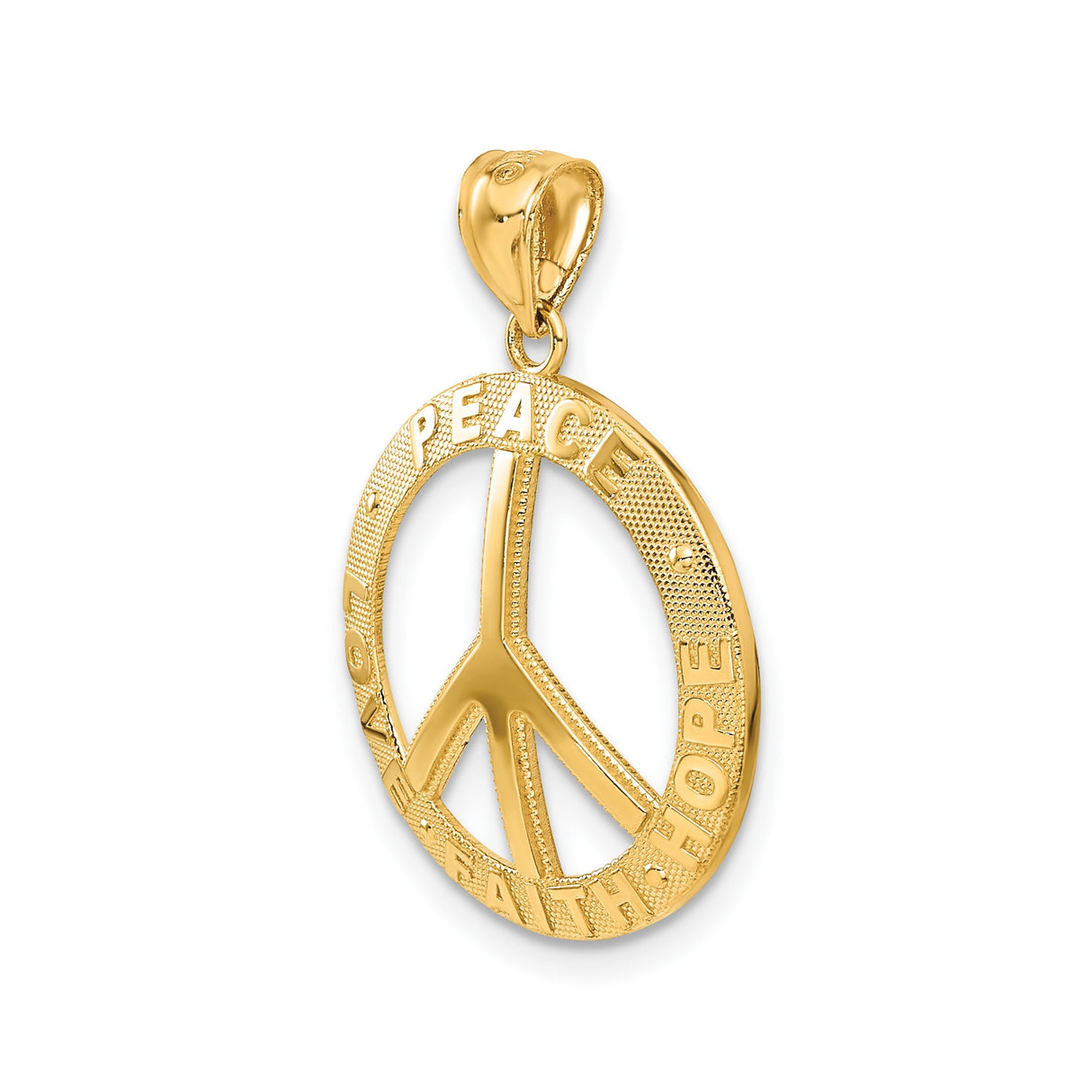 14k Yellow Gold Peace Sign Pendant with Love Faith Hope Words, Unisex Symbolic Charm