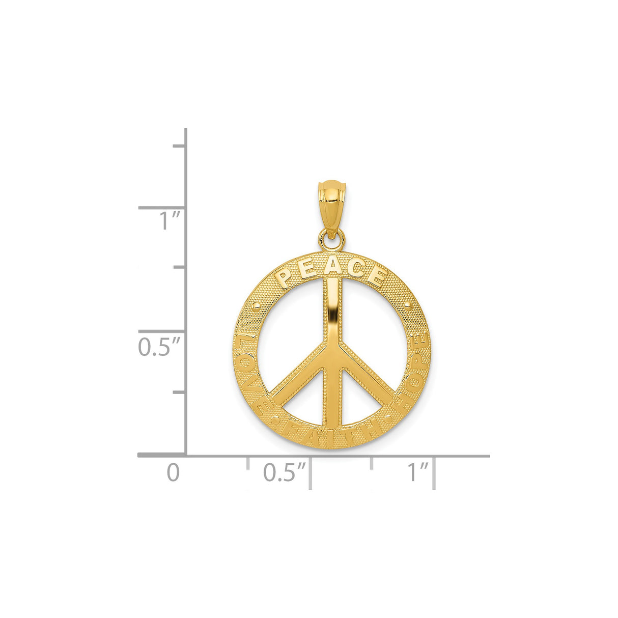14k Yellow Gold Peace Sign Pendant with Love Faith Hope Words, Unisex Symbolic Charm