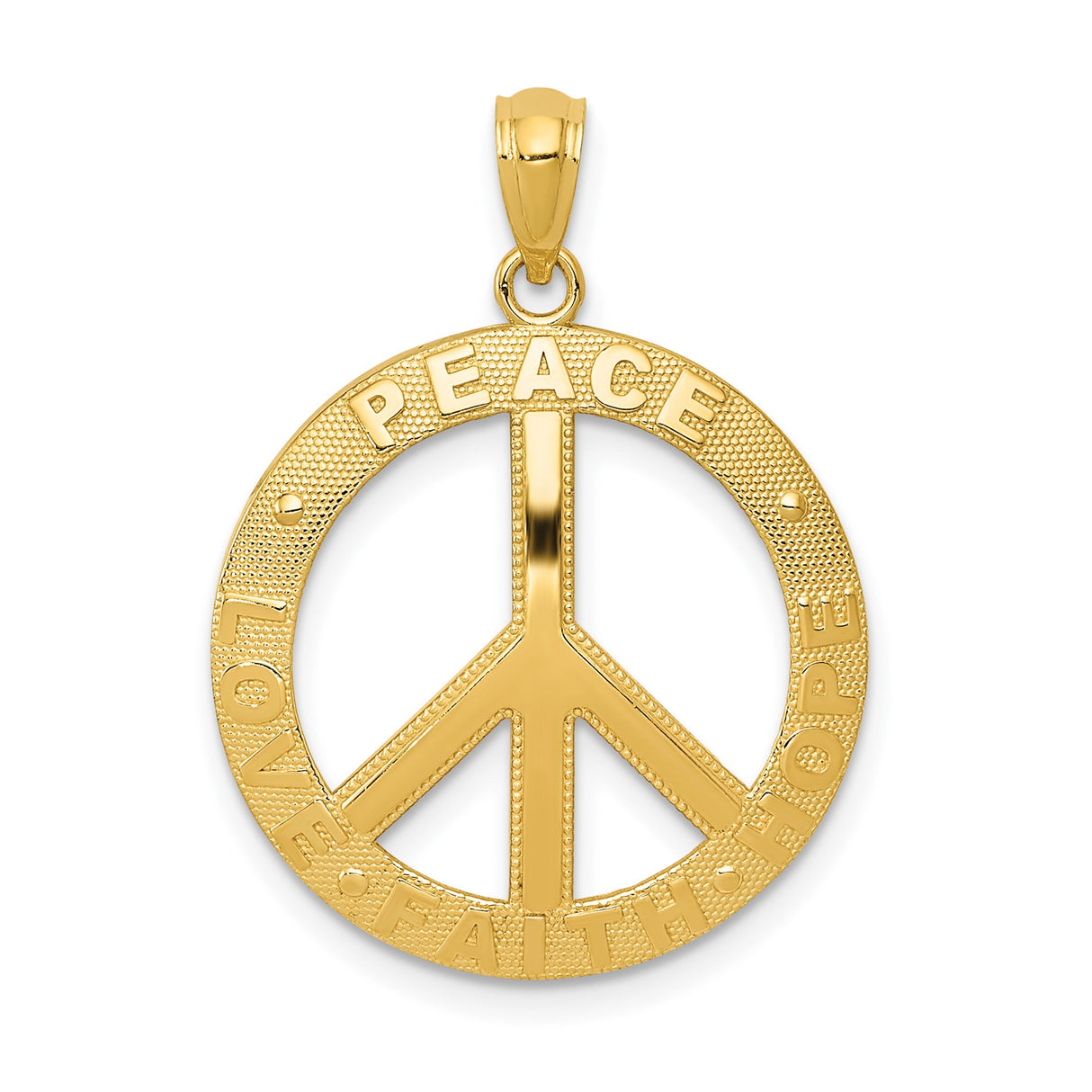 14k Yellow Gold Peace Sign Pendant with Love Faith Hope Words, Unisex Symbolic Charm