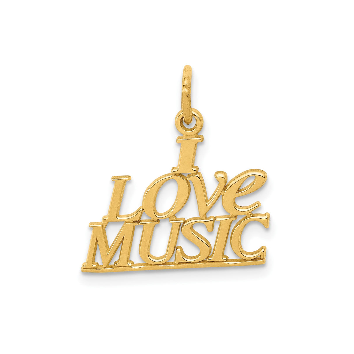 14k Yellow Gold I Love Music Pendant, Stacked Text Design, Unisex Musical Charm