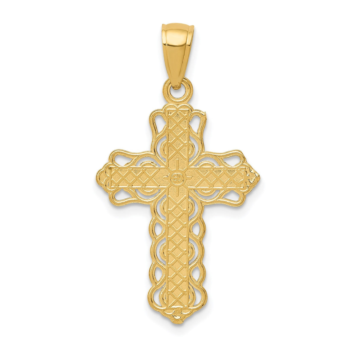 14k Yellow Gold Cross Pendant with Filigree Lace Design and Beaded Edge