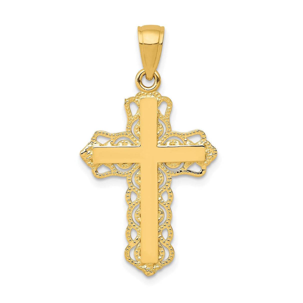 14k Yellow Gold Cross Pendant with Filigree Lace Design and Beaded Edge