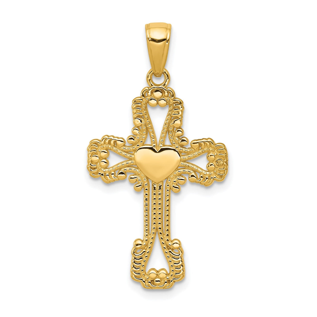 14k Yellow Gold Cross Pendant with Filigree Heart Design, Christian Religious Jewelry