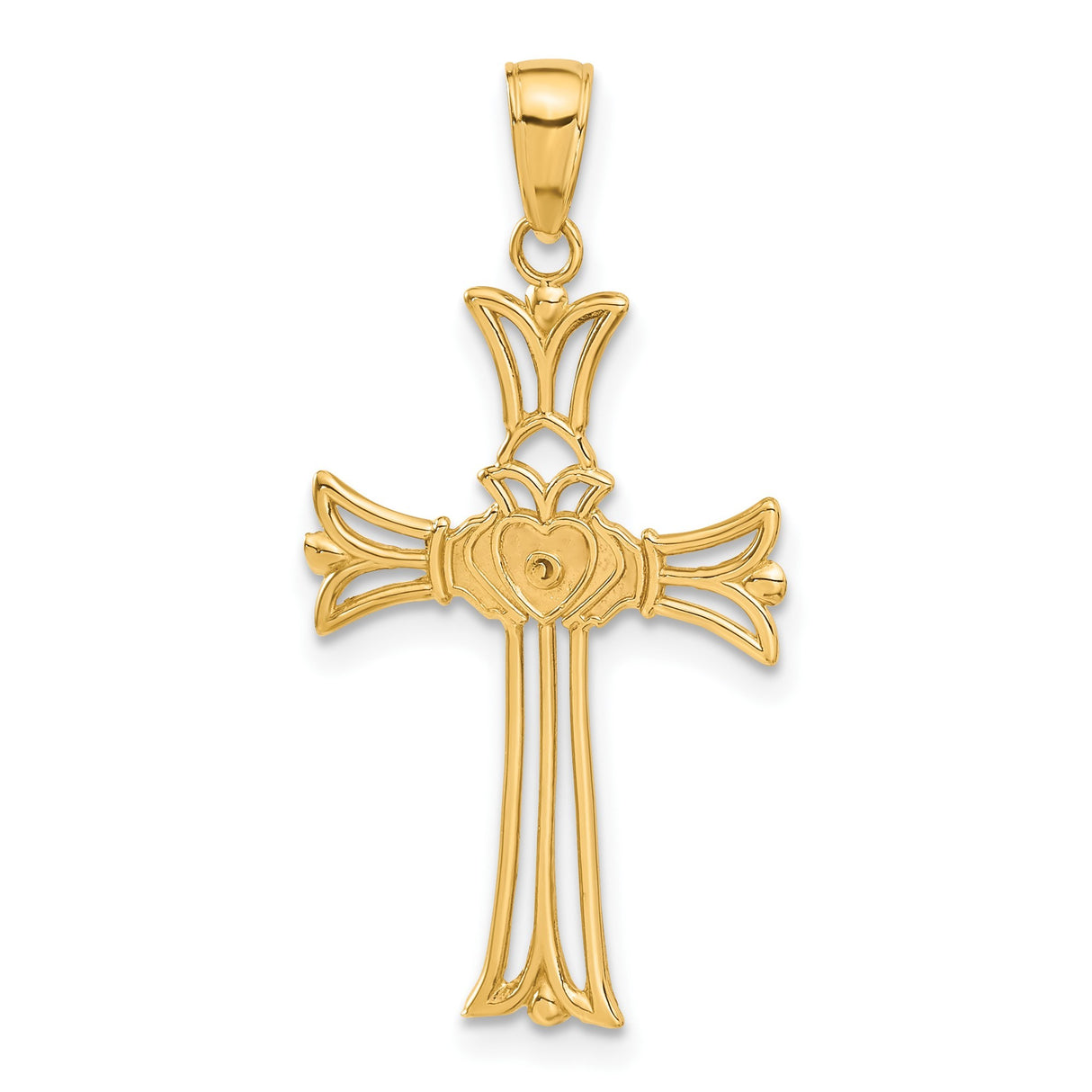 14k Yellow Gold Claddagh Cross Pendant, Polished Patonce Design with Crown Heart Symbol