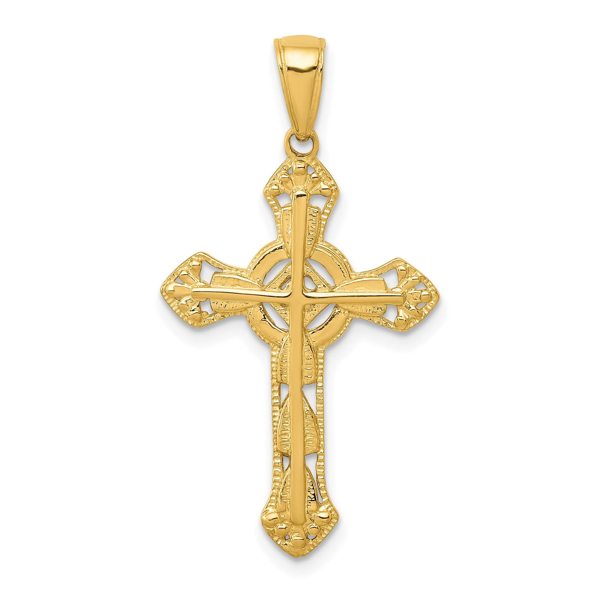 14k Yellow Gold Cross Pendant with Ornate Openwork Design, High Polish Religious Jewelry for Men and Women