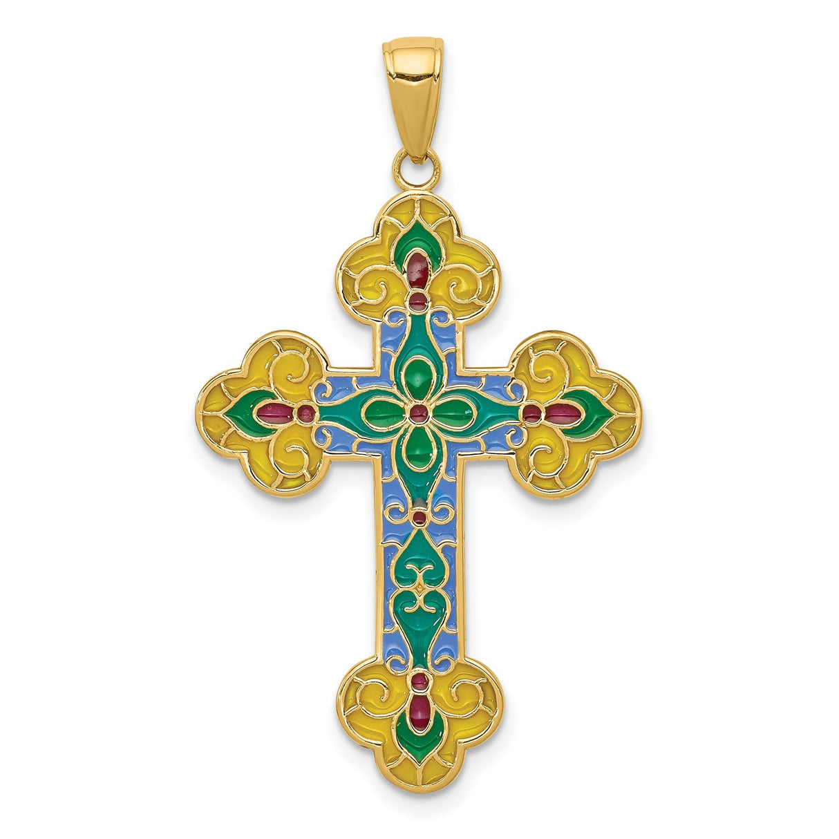 14k Yellow Gold Trefoil Cross Pendant with Multi-Color Enamel and Fleur de Lis Design