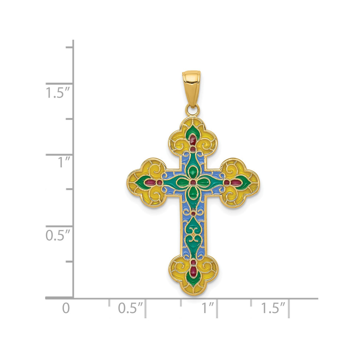 14k Yellow Gold Trefoil Cross Pendant with Multi-Color Enamel and Fleur de Lis Design