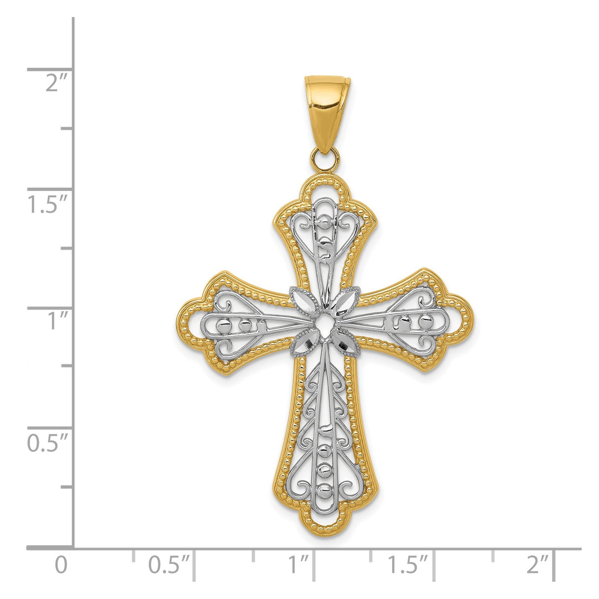 14k Multi-Tone Gold Cross Pendant with Filigree Fleur De Lis Design for Men and Women