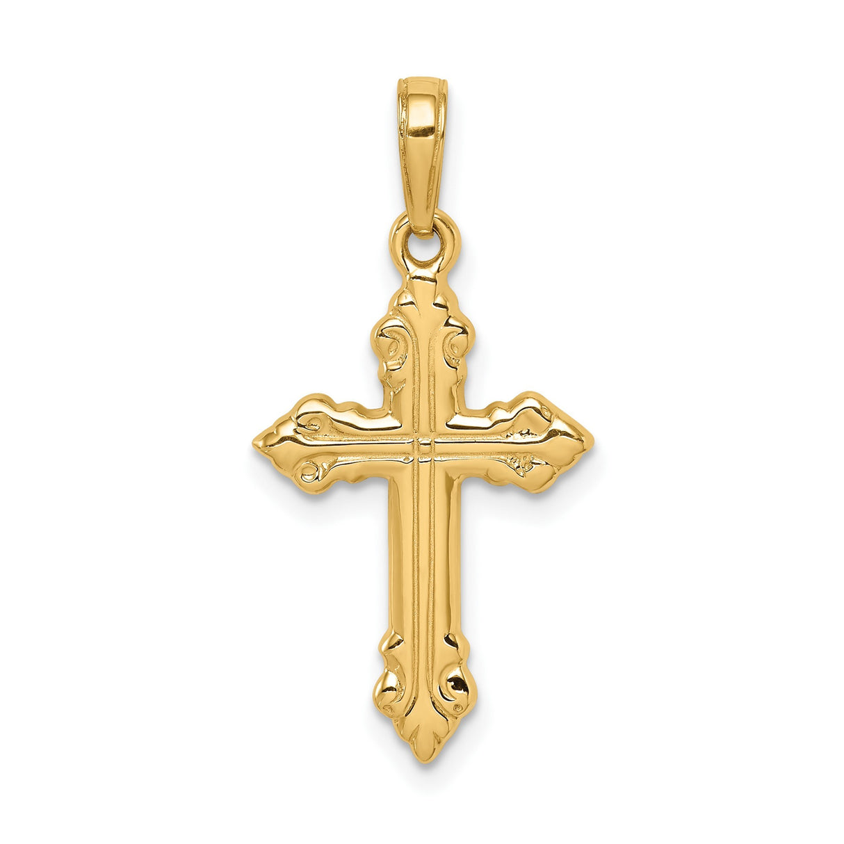 14k Yellow Gold Cross Pendant with Budded Edges and Textured Scroll Design