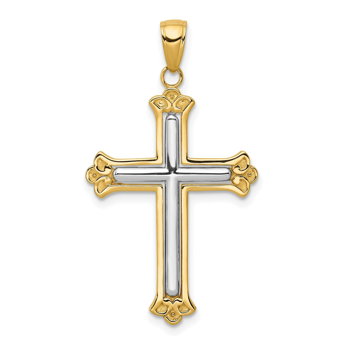 14k Multi-Tone Gold Cross Pendant with Fleur de Lis Detail and High Polish Bail