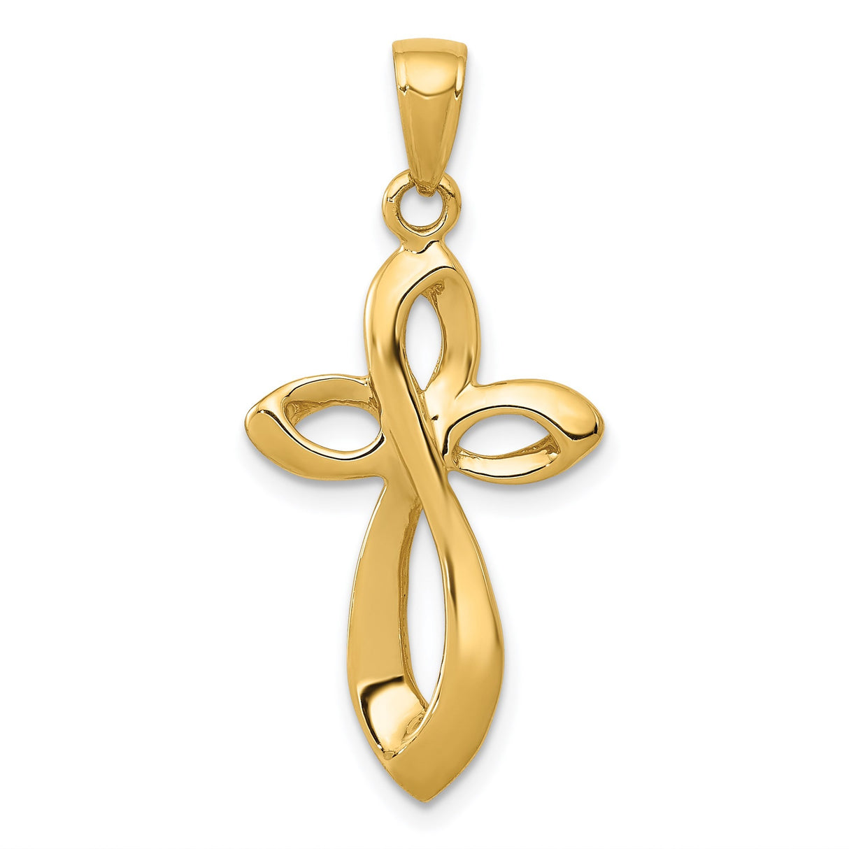 14k Yellow Gold Curved Cross Pendant with Reversible Ribbon Design and Infinity Symbol