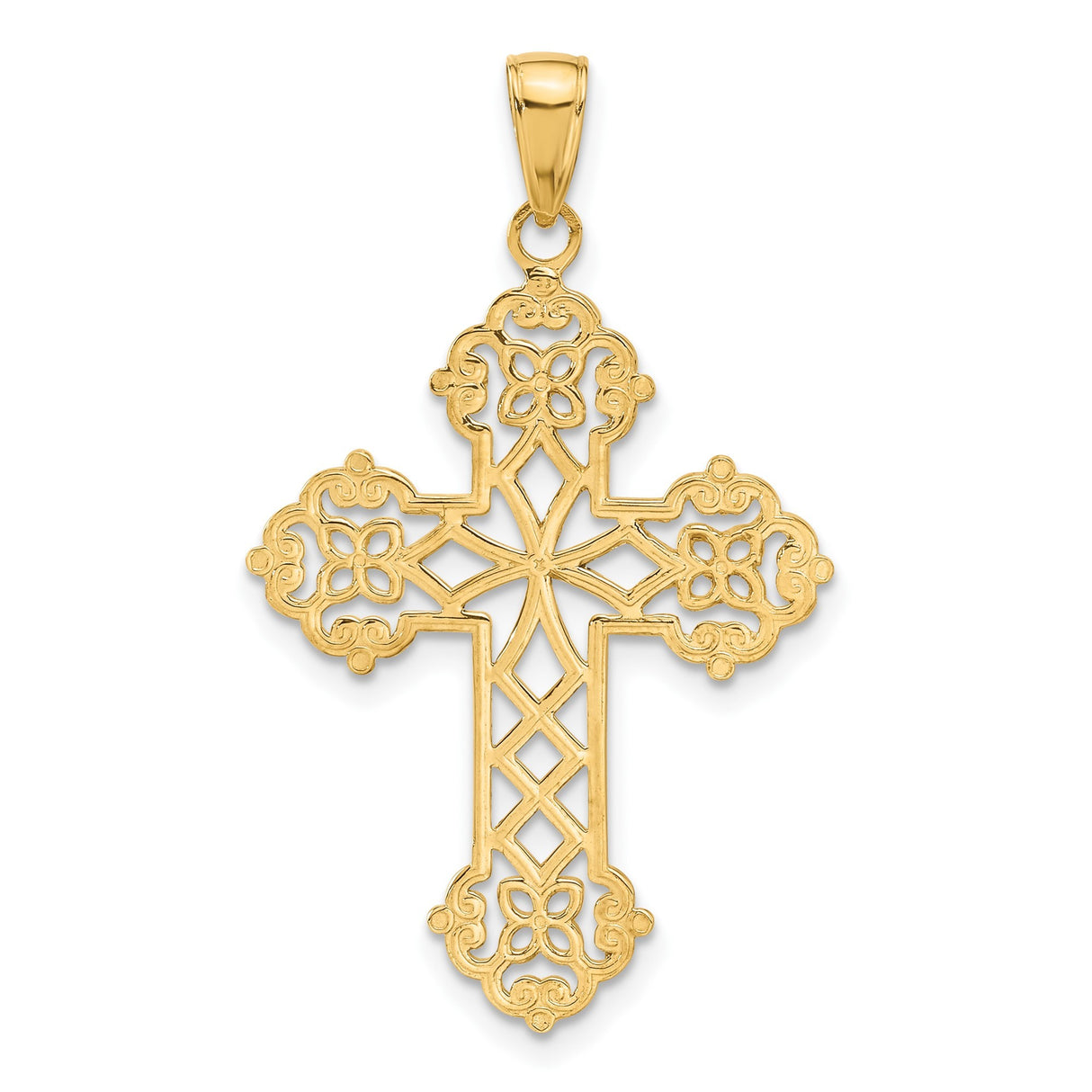 14k Yellow Gold Filigree Cross Pendant with Floral Openwork Design, Vintage Inspired Religious Jewelry