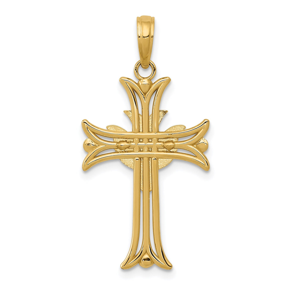 14k Yellow Gold Cross Pendant with Fleur de Lis and Dove Design for Men and Women