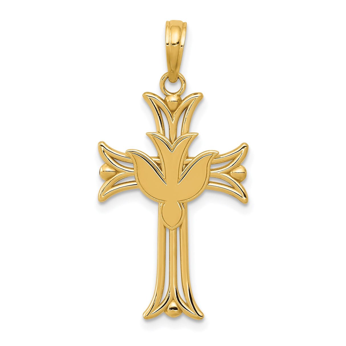 14k Yellow Gold Cross Pendant with Fleur de Lis and Dove Design for Men and Women