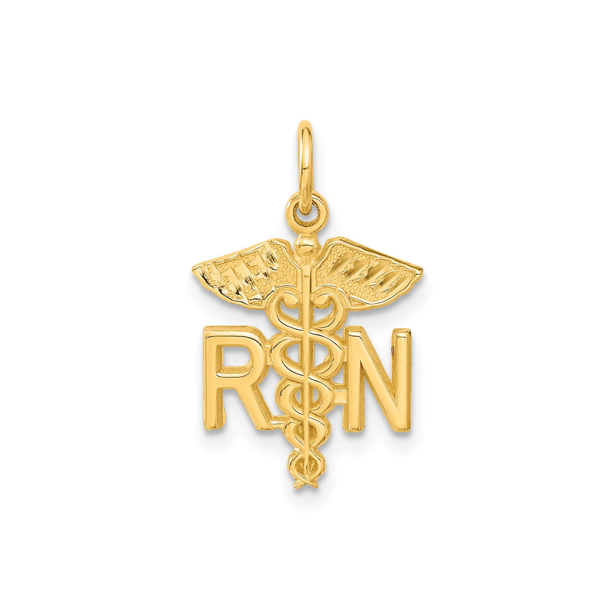 14k Yellow Gold RN Pendant with Caduceus Medical Symbol, Nurse Charm for Women
