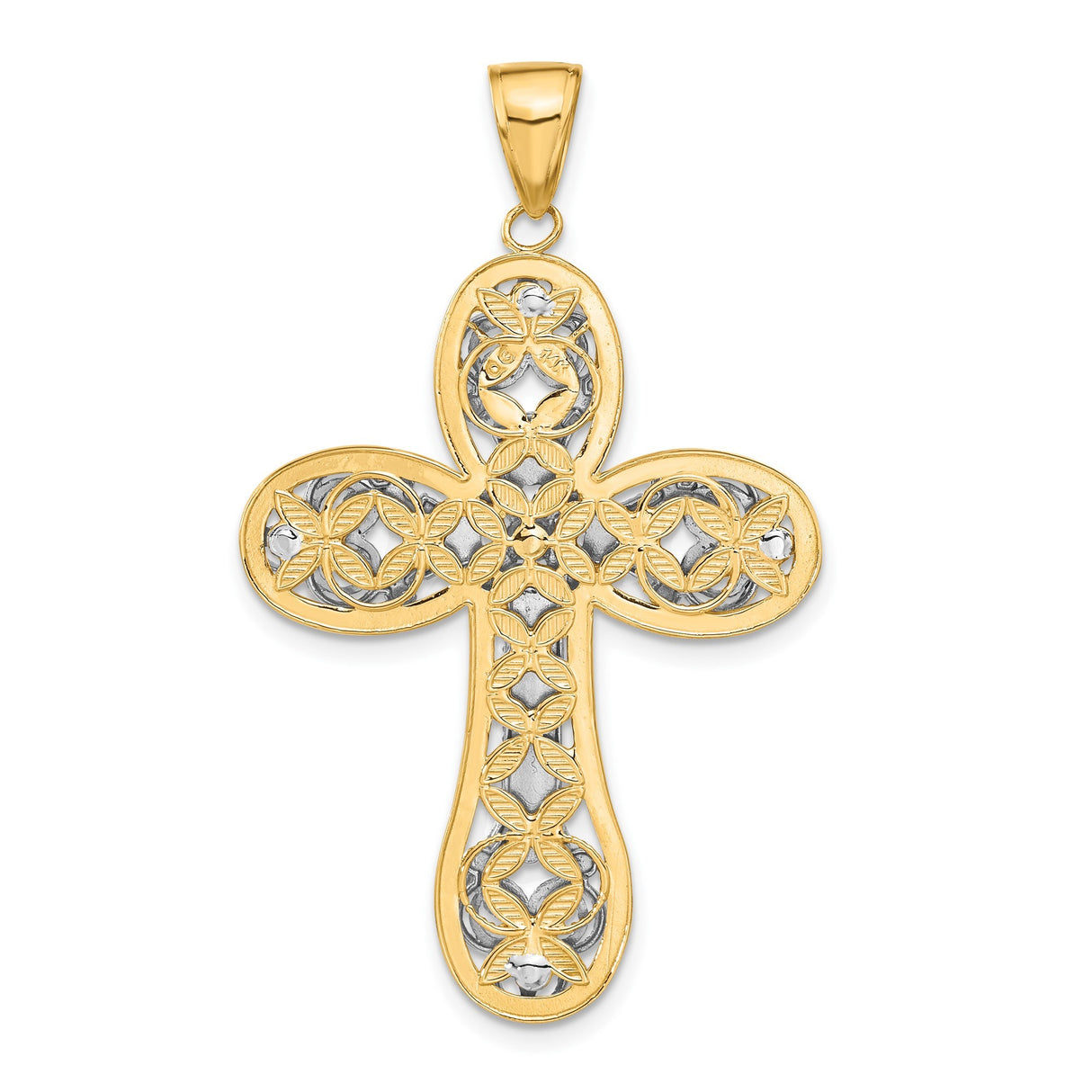 14k Two-Tone Gold Filigree Cross Pendant with Scrollwork Detailing in Vintage Cathedral Style
