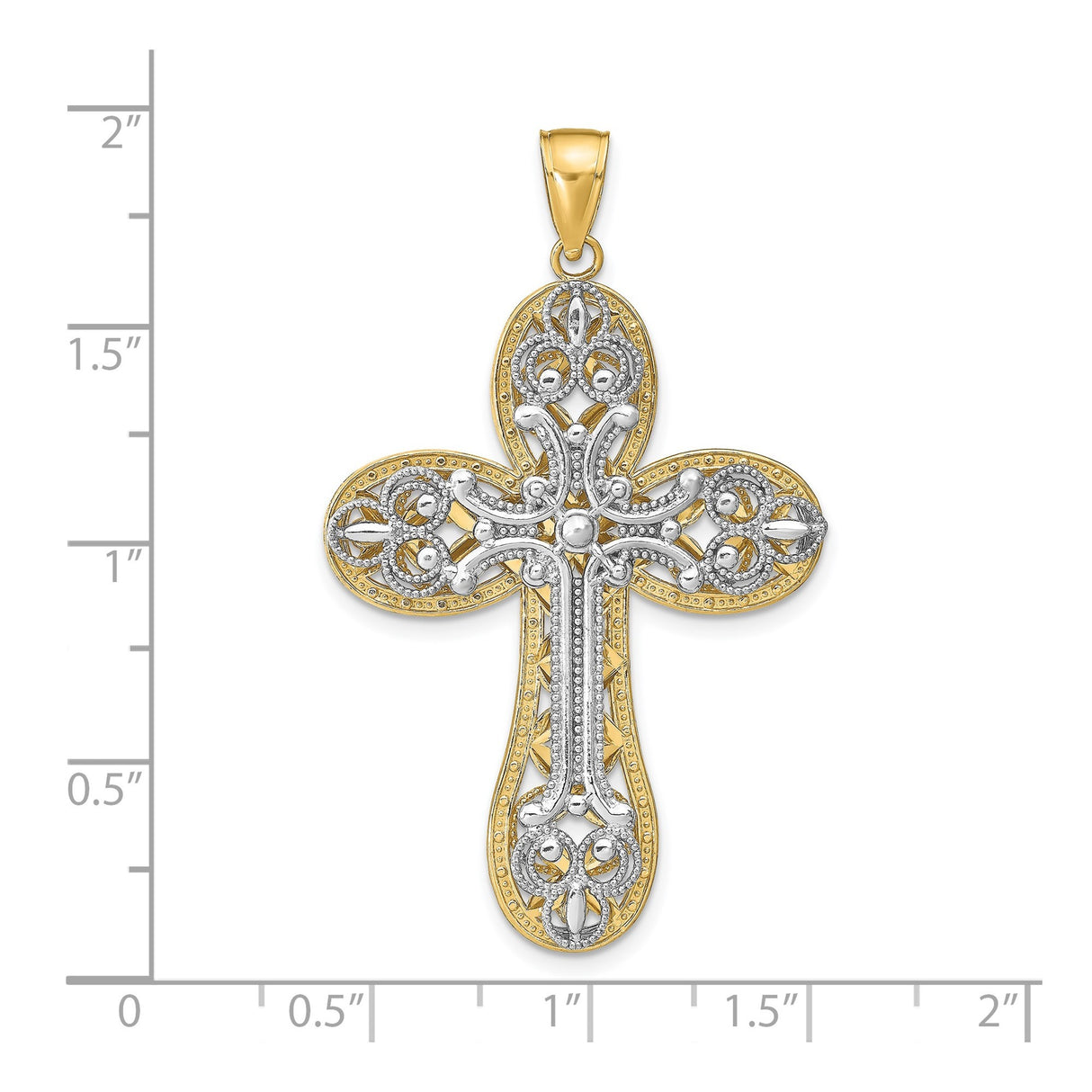 14k Two-Tone Gold Filigree Cross Pendant with Scrollwork Detailing in Vintage Cathedral Style