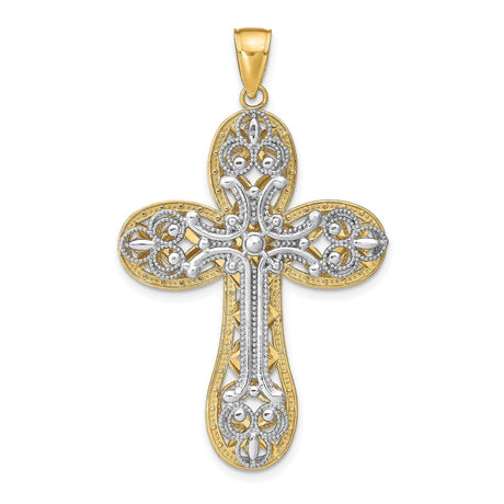 14k Two-Tone Gold Filigree Cross Pendant with Scrollwork Detailing in Vintage Cathedral Style