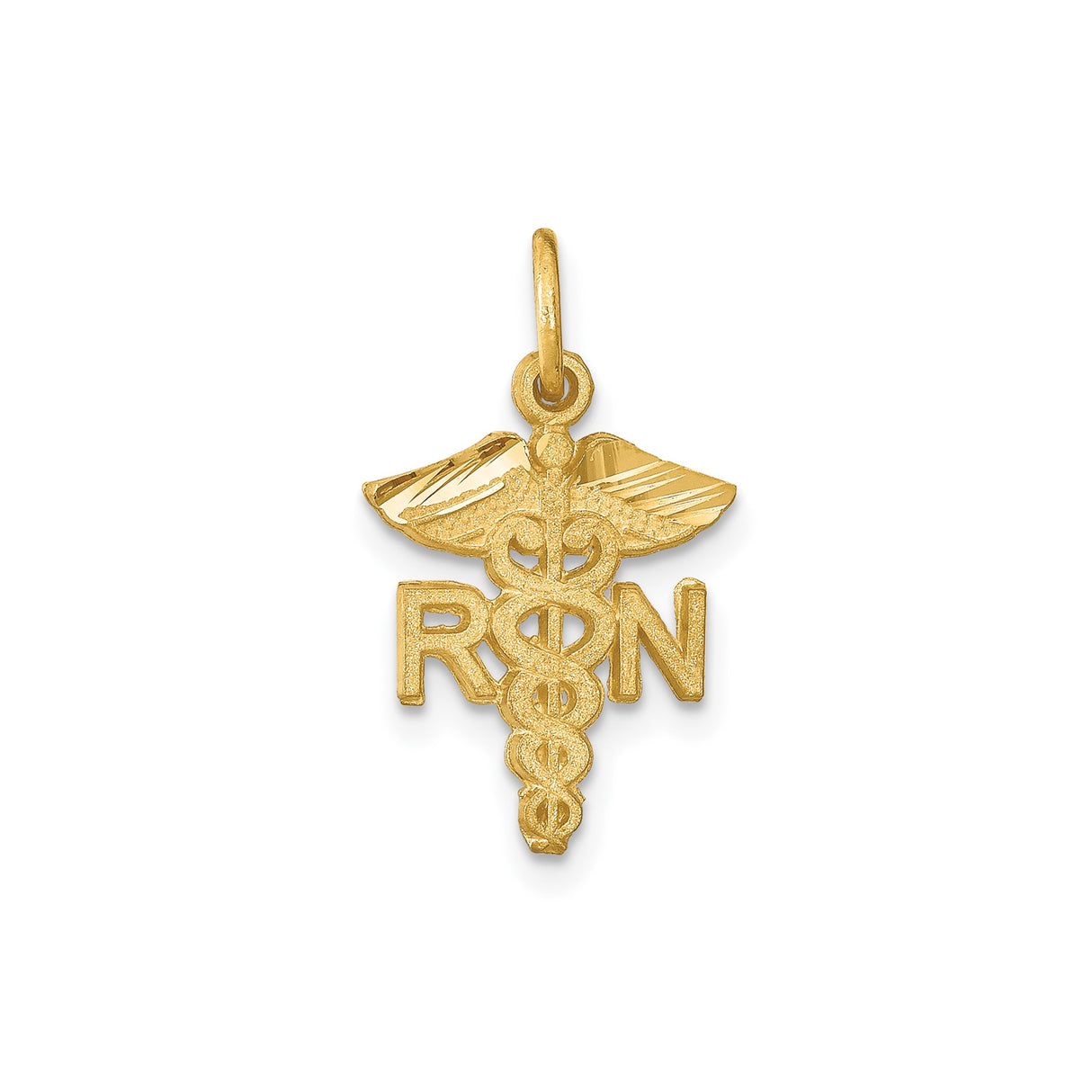 14k Yellow Gold RN Pendant with Caduceus Winged Serpent Symbol, Registered Nurse Charm