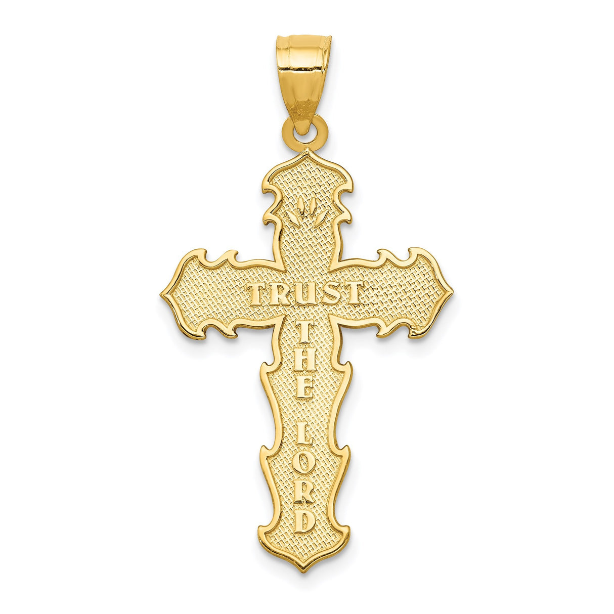 14k Yellow Gold Cross Pendant with Sculpted Flame Edge and Raised Design
