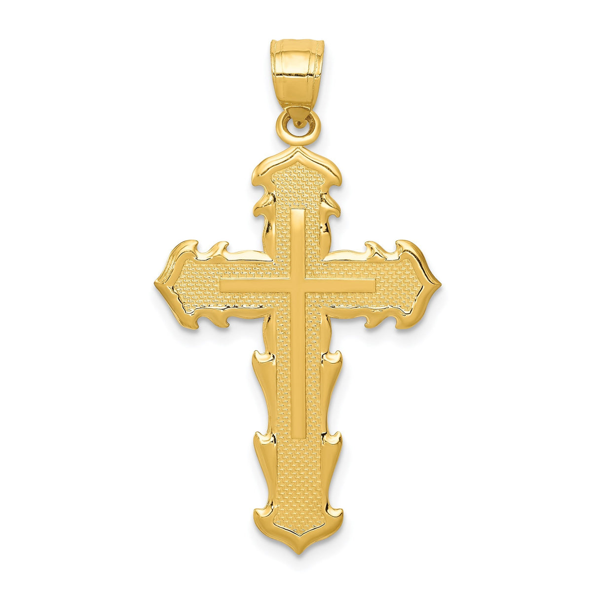 14k Yellow Gold Cross Pendant with Sculpted Flame Edge and Raised Design