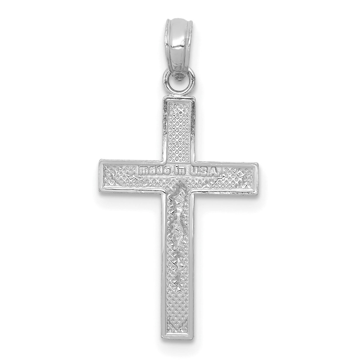 14k White Gold Crucifix Pendant with Three-Dimensional Christ Figure and Beveled Cross Edge