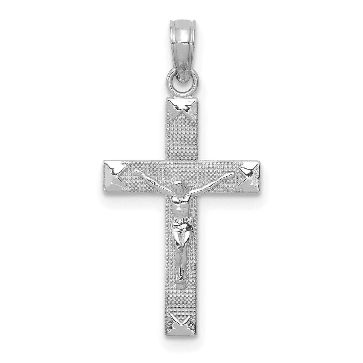 14k White Gold Crucifix Pendant with Three-Dimensional Christ Figure and Beveled Cross Edge
