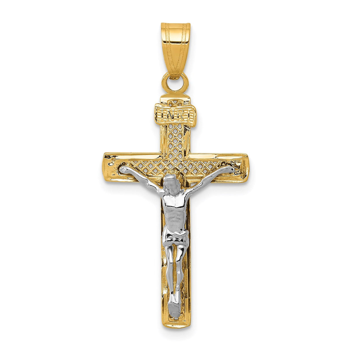 14k Multi-Tone Gold Crucifix Cross Pendant, INRI Latin Religious Jesus Charm