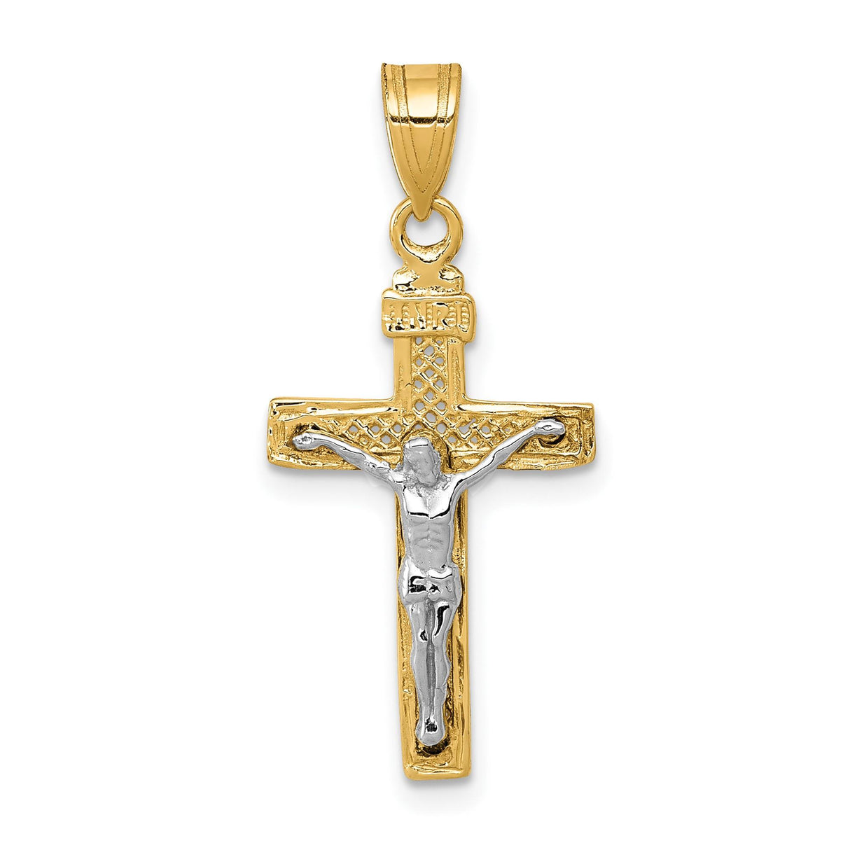 14k Multi-Tone Gold Crucifix Cross Pendant, Textured INRI Latin Christian Religious Charm