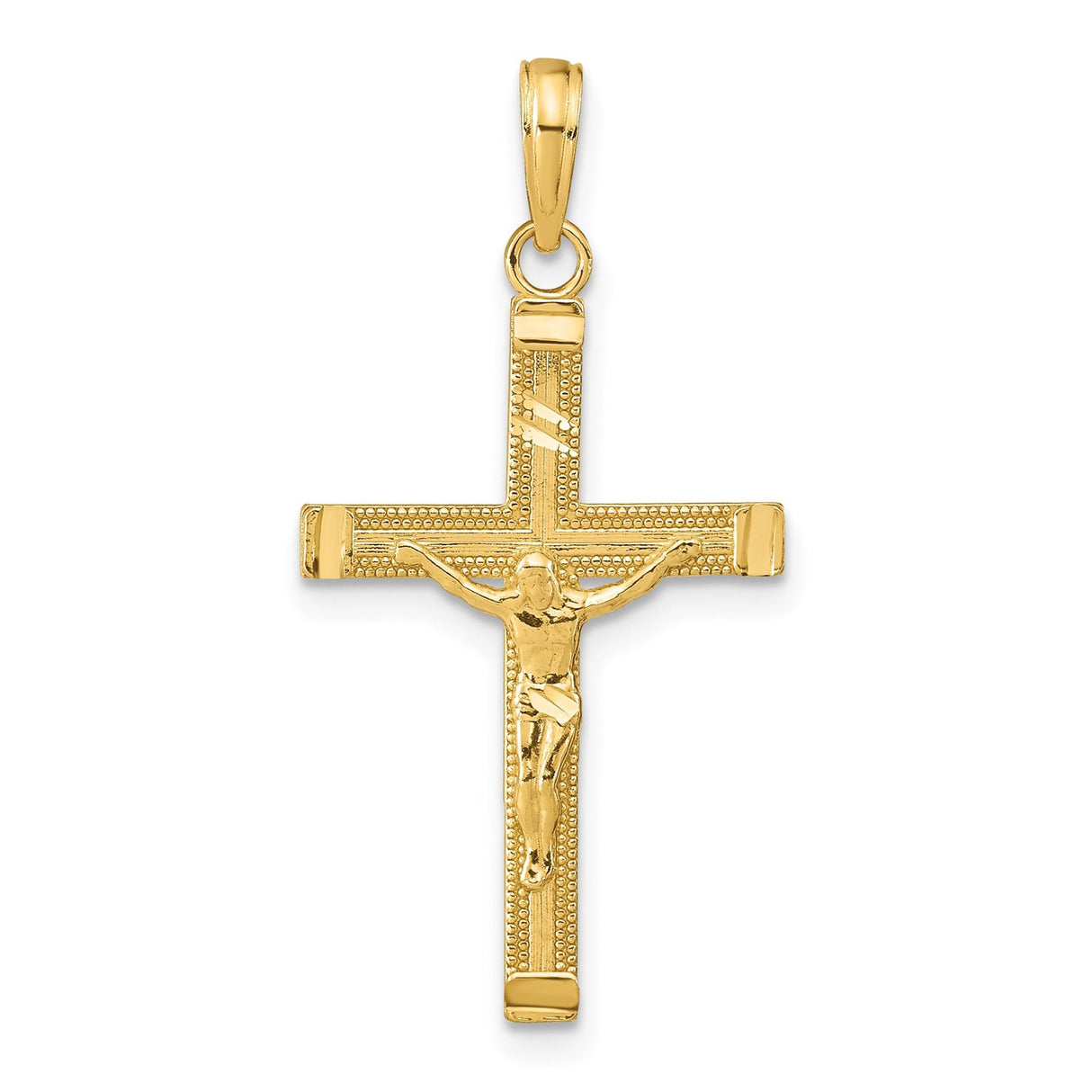14k Yellow Gold Crucifix Pendant with Textured Christ Cross Design for Men and Women