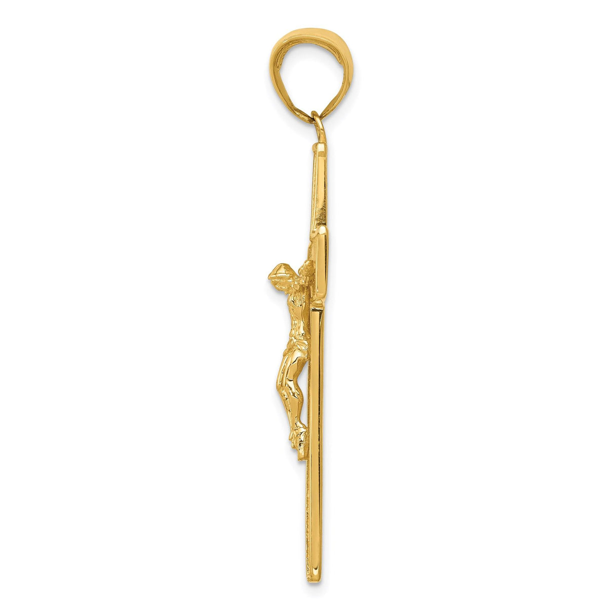 14k Yellow Gold Crucifix Cross Pendant with Raised Christ Figure, Textured Religious Design